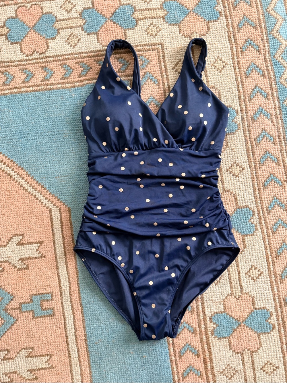 Boden navy and gold polka dot swim